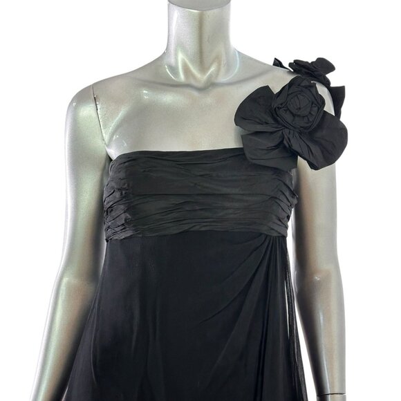 Ricky Freeman for Teri Jon One-Shoulder Black Silk Dress With Floral Accent 6 - Picture 5 of 13